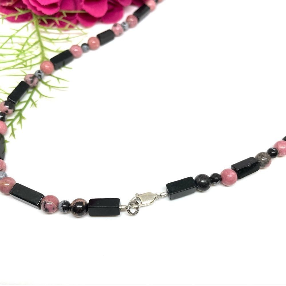 ⚜️RHODONITE SNOWFLAKE OBSIDIAN & ONYX Art Deco Stone Necklace - Picture 9 of 16